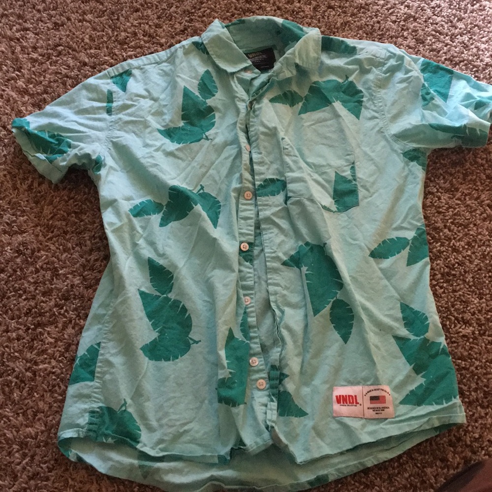 Green and teal leafy button up T-shirt